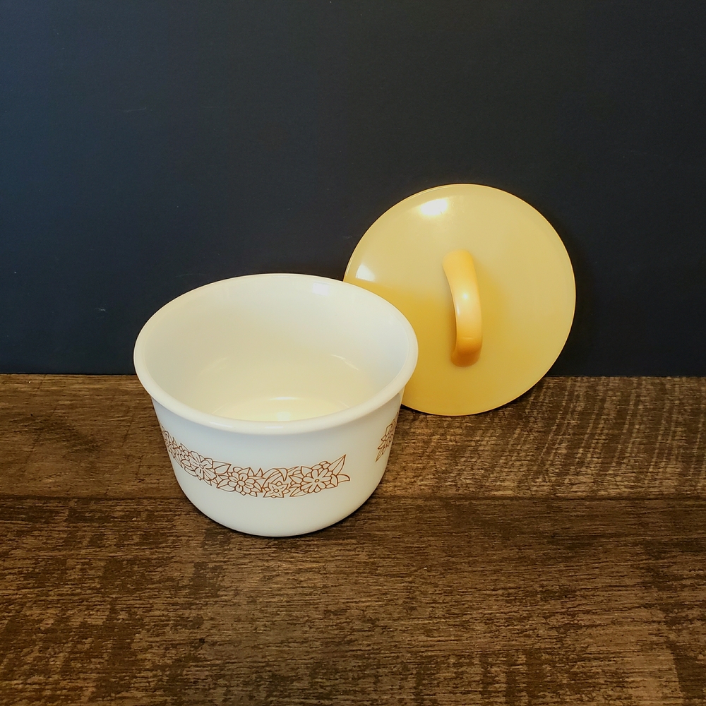 Pyrex Sugar Bowl Woodland Floral Design and Yellow Lid